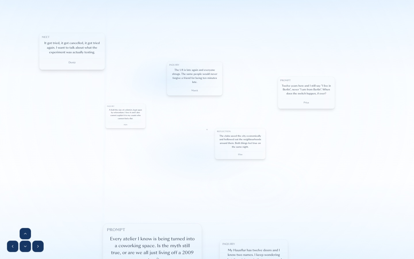 Discover, July 2025. Conversation cards floating in a pale three-dimensional space.