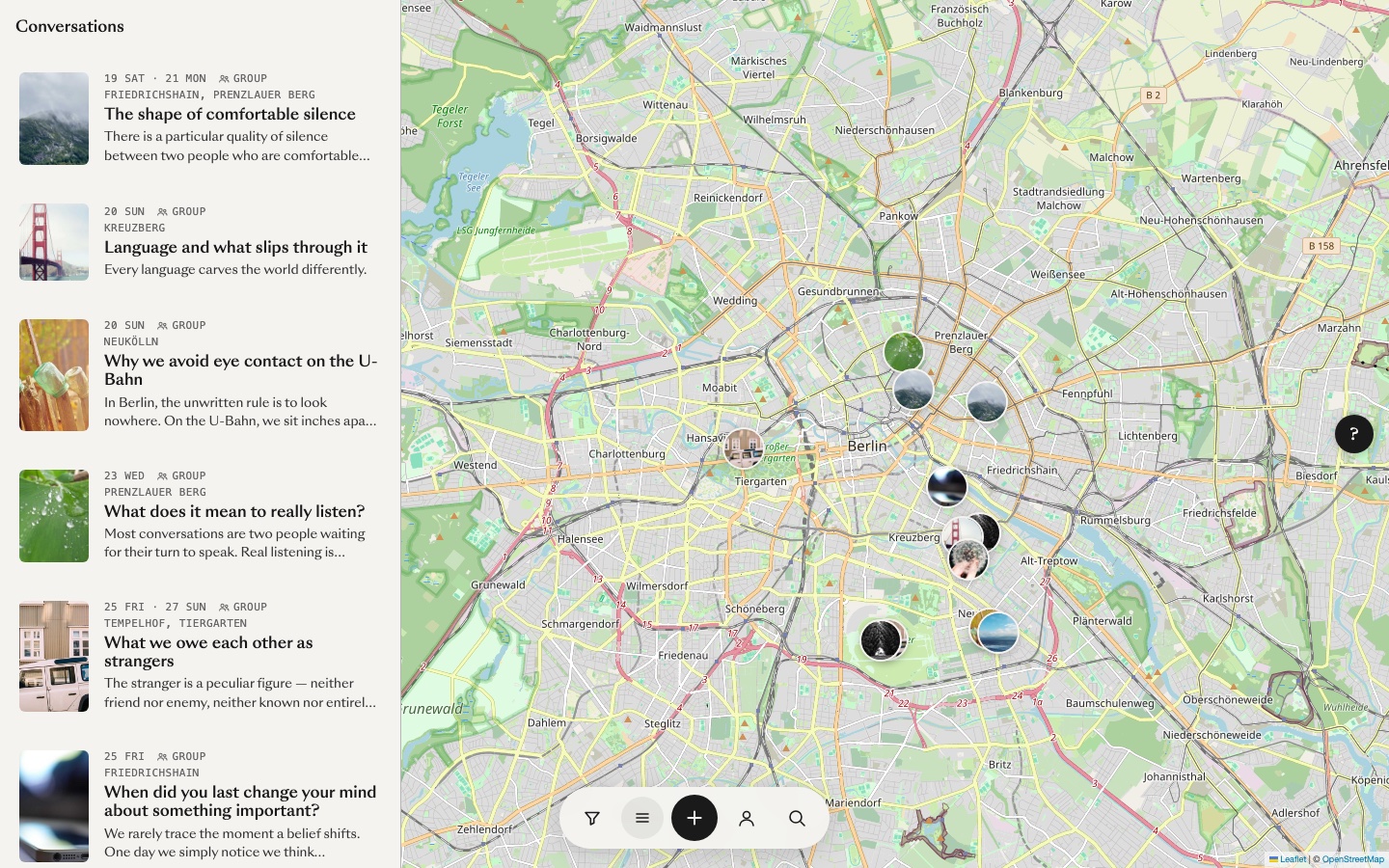 Dyad, Discover. A full-screen map of Berlin with conversations pinned to places, September 2026.