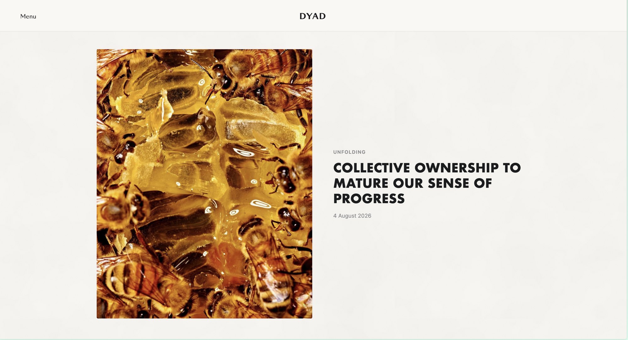 Unfolding, the weekly Dyad newsletter, in the site's design system.