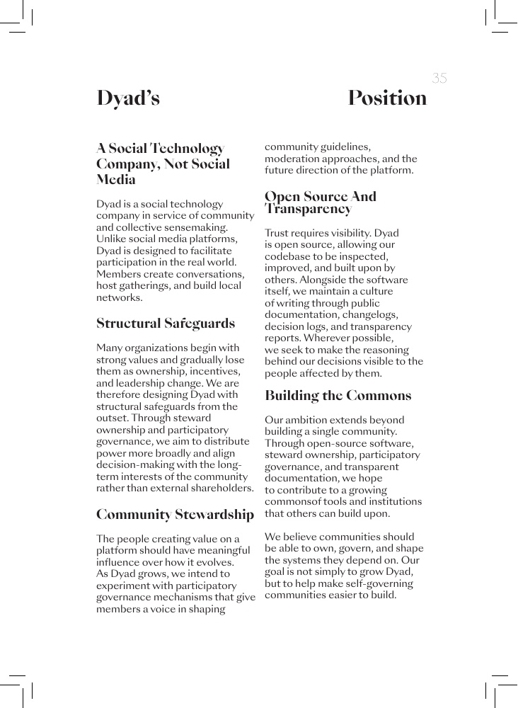 Zine page. Dyad's Position, a two-column text page.